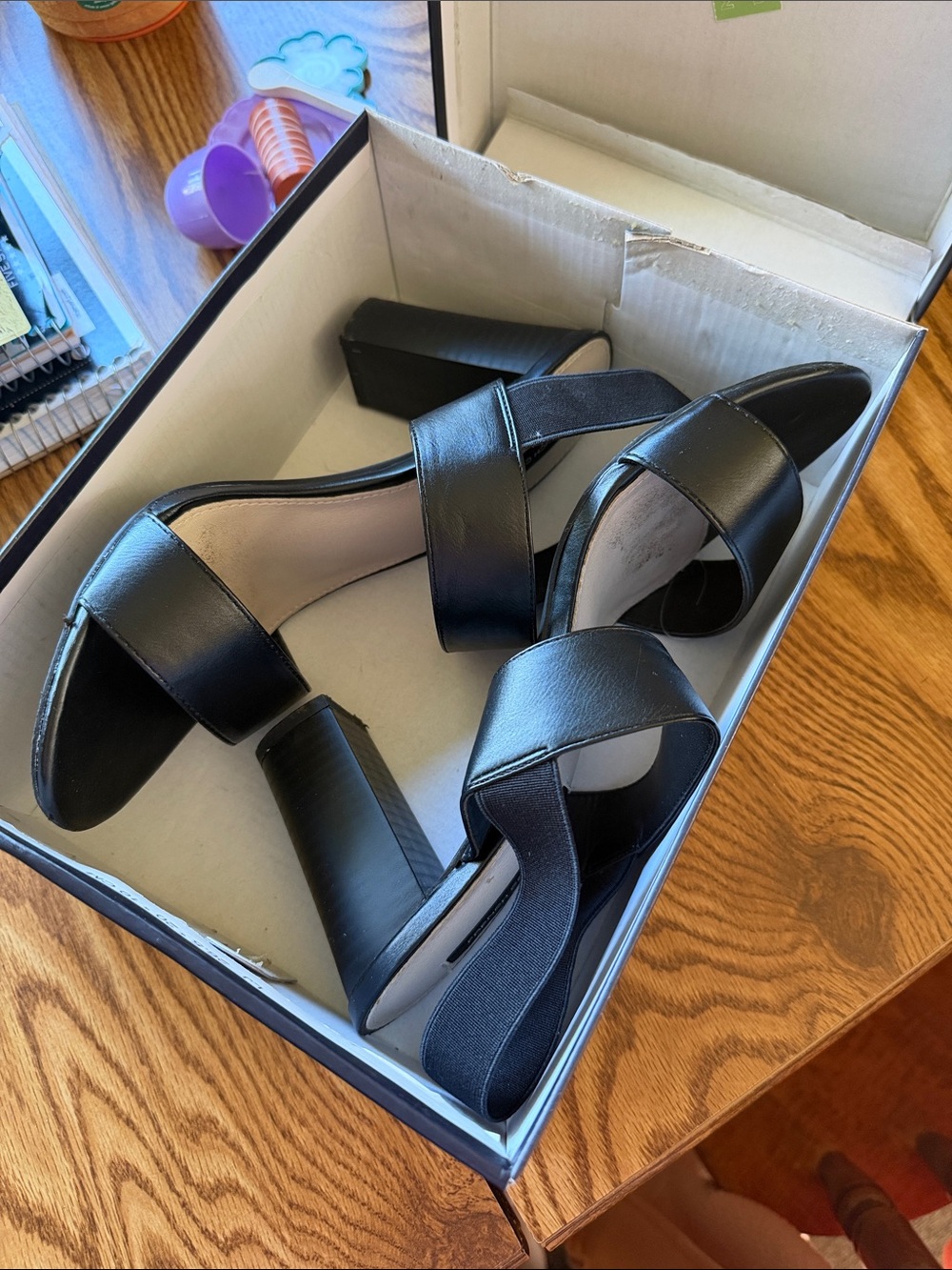 French Connection Black Leather Cross-Strap Block Heel Sandals
